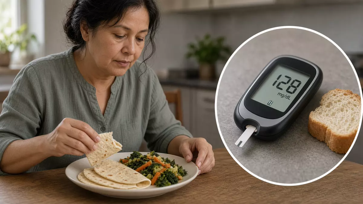 Persona con un plato modesto. En primer plano, el glucometro, resistencia a la insulina.