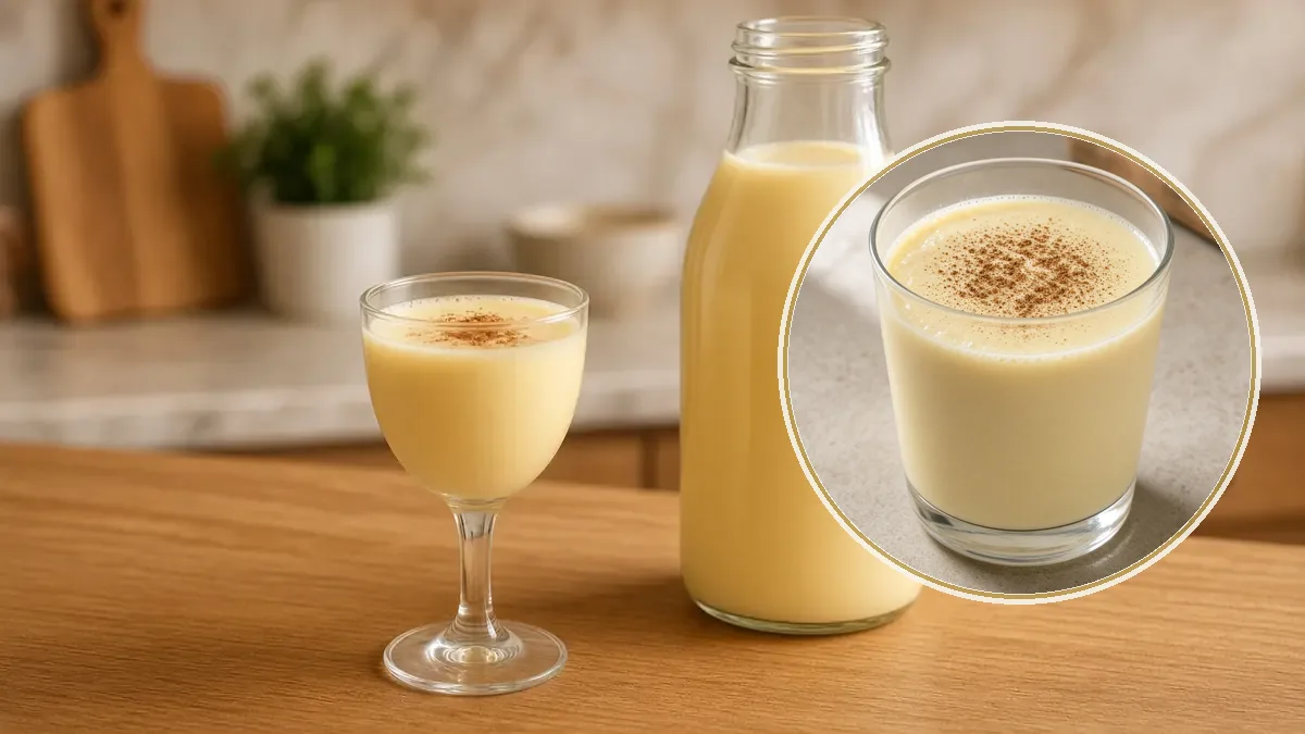 Una copa pequeña de rompope amarillo cremoso, espolvoreada con canela, se sirve junto a una botella de vidrio sin etiqueta.