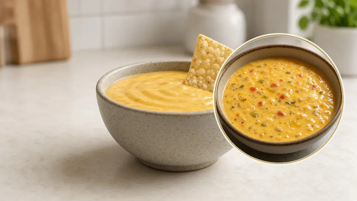 Tazón de salsa de queso amarilla y brillante con un totopo recargado en el borde.