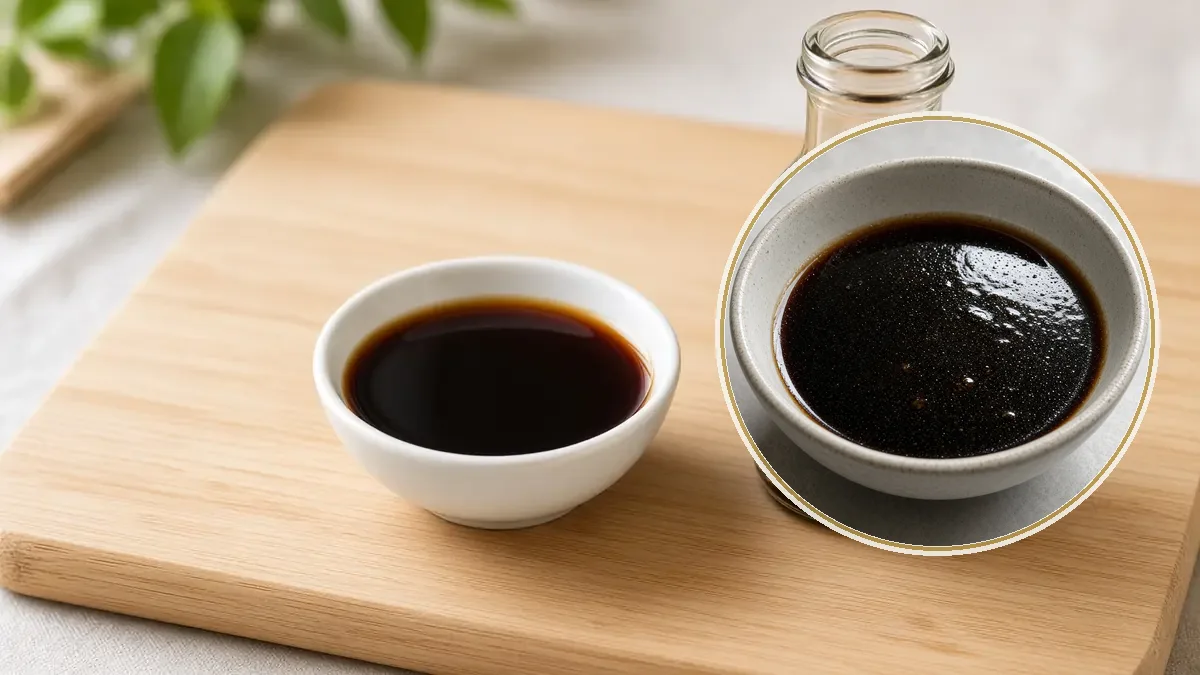 Un tazón blanco de cerámica con salsa de soya oscura queda junto a una botella corta sin etiqueta sobre una tabla de bambú.