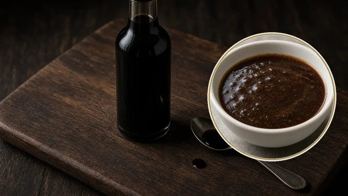 Una botella delgada de vidrio oscuro, sin etiqueta, contiene salsa inglesa casi negra, con una gota en una cuchara sobre nogal.