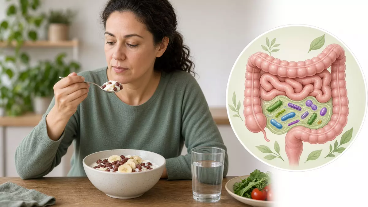 Persona comiendo yogur y frijol. En primer plano, un intestino ilustrado, educativo.