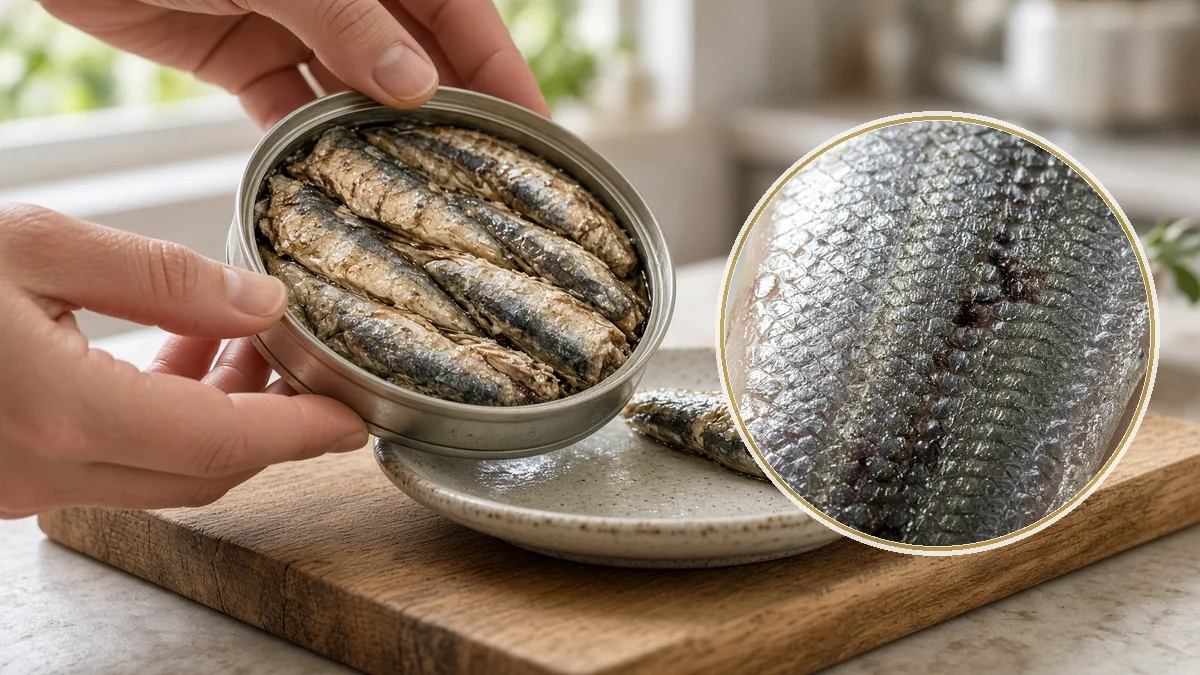Persona sirviendo sardinas con limón. En primer plano, el pescado.