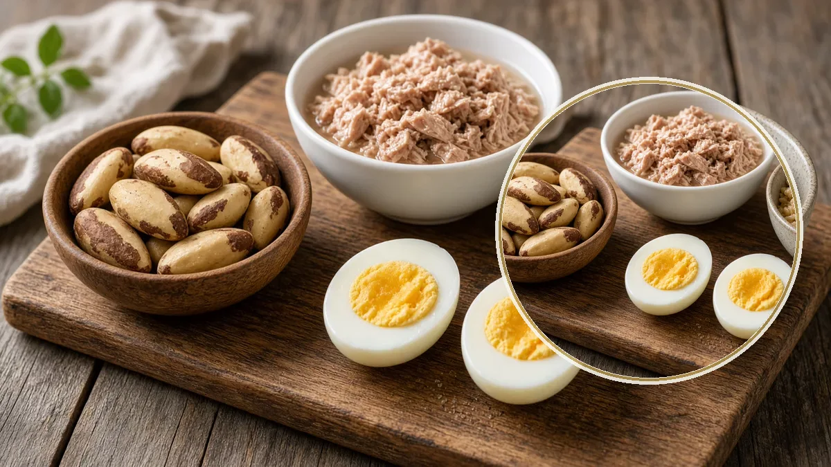 Nueces de Brasil, huevos, atún en agua y arroz integral sobre tabla
