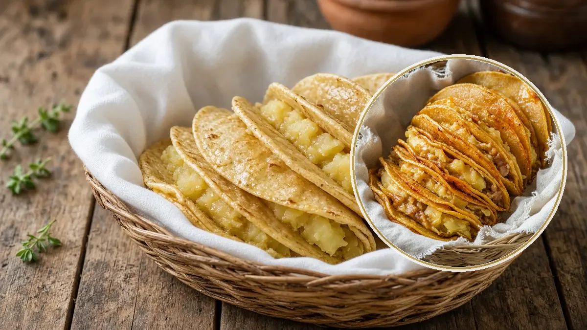Canasta con manta blanca y tacos de canasta apilados, algunos con relleno de papa.