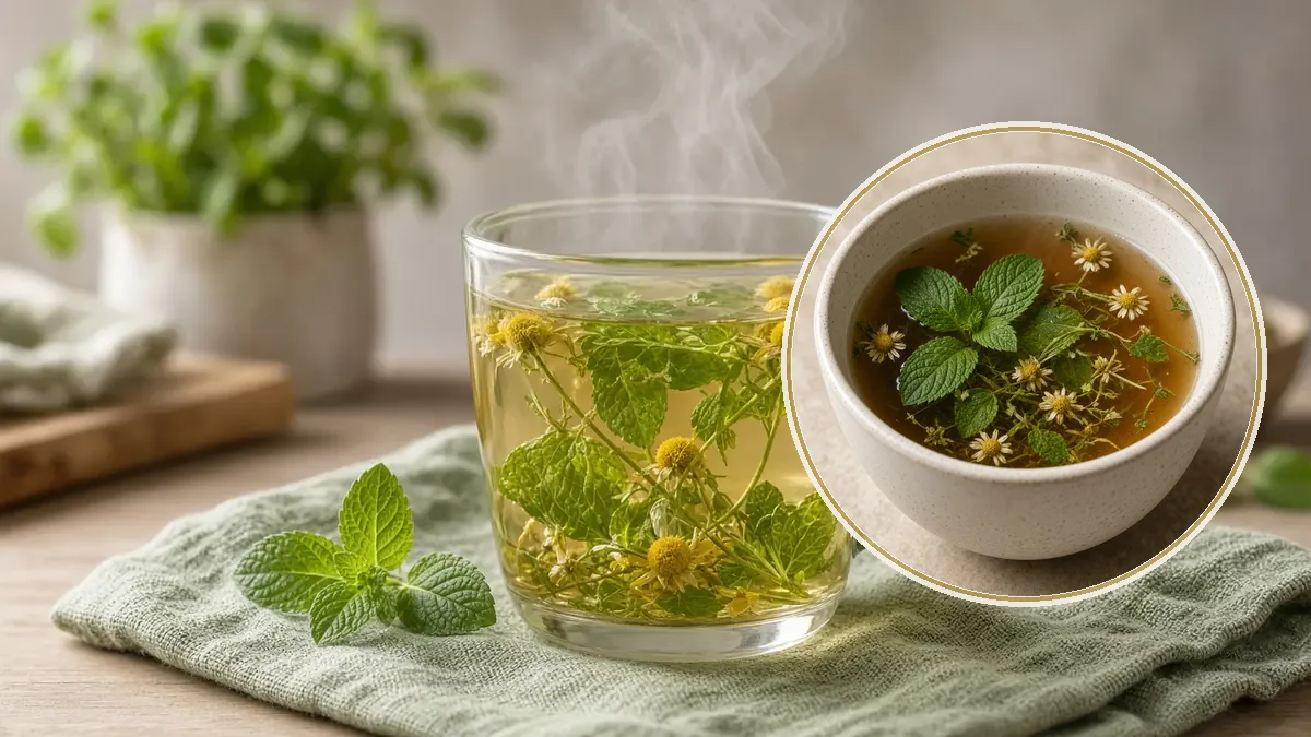 Una taza de vidrio deja ver té de hierbas dorado con hojas de menta y flores de manzanilla, sobre una tela verde salvia.