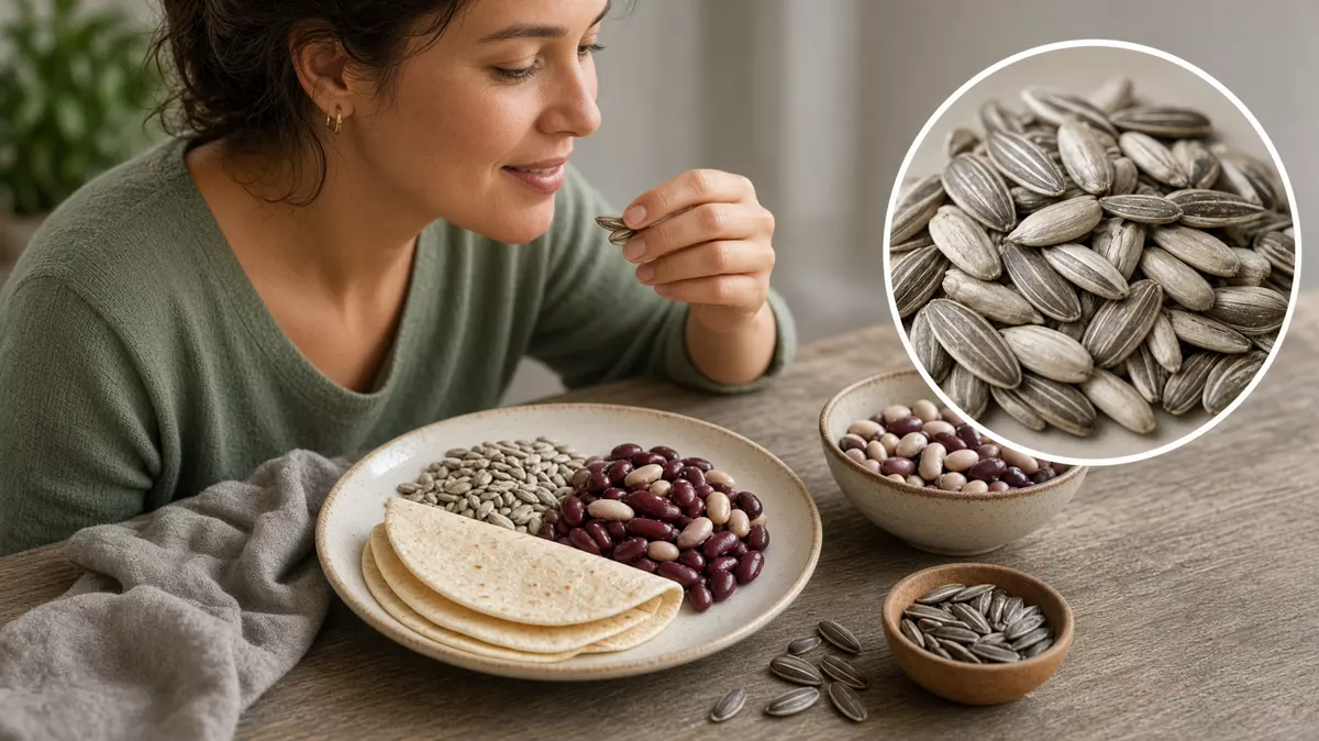 Semillas de girasol, frijol negro y tortillas de trigo sobre mesa
