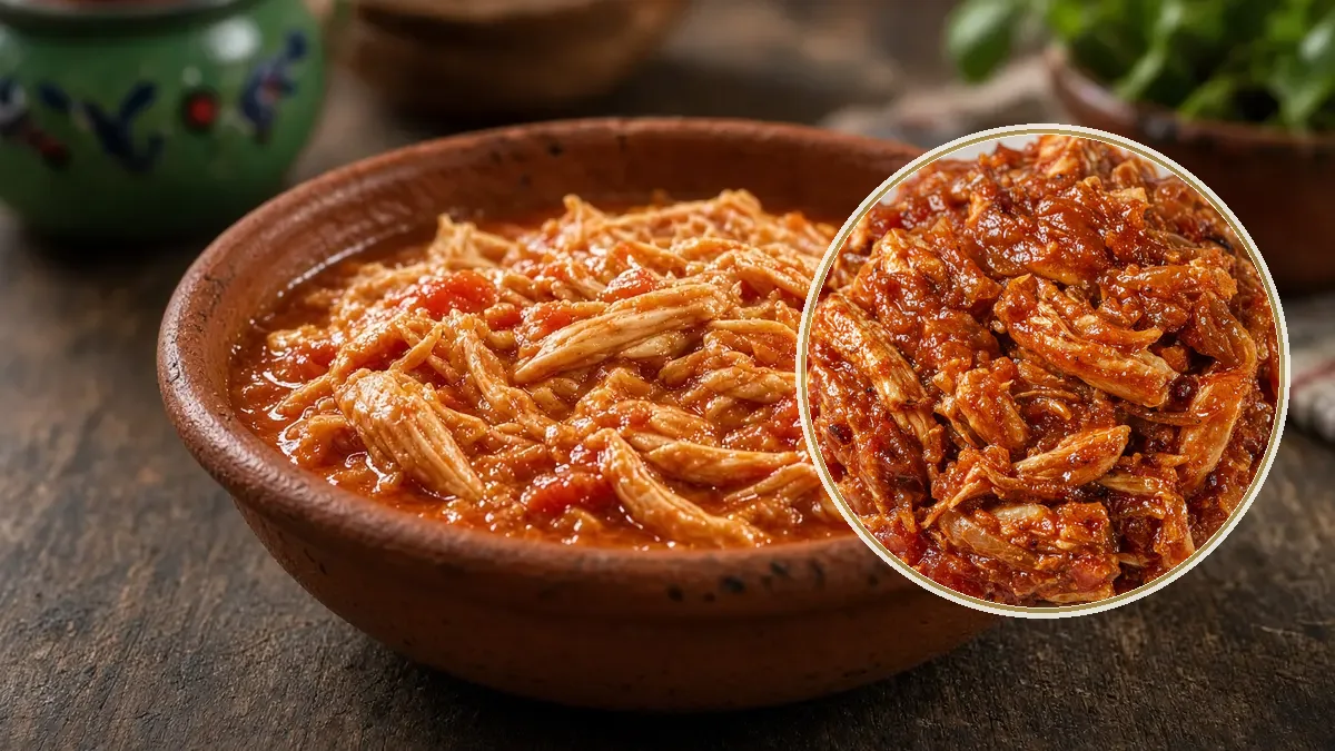 Tinga de pollo deshebrado en salsa de chipotle, en cazuela de barro