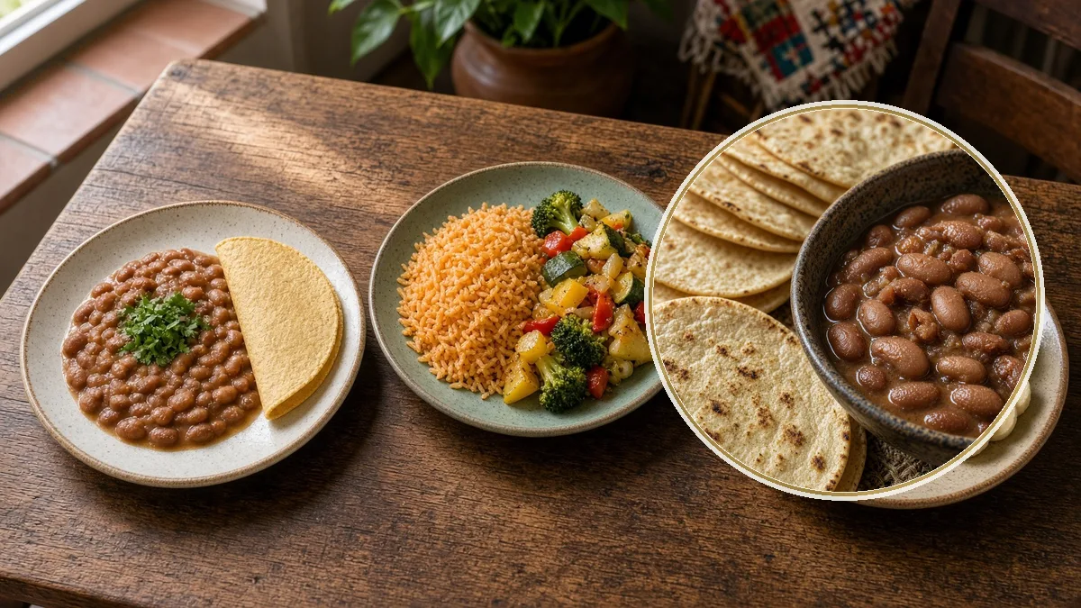 Tres platos distintos sobre mesa. En primer plano, tortilla y frijol, un patrón cotidiano.