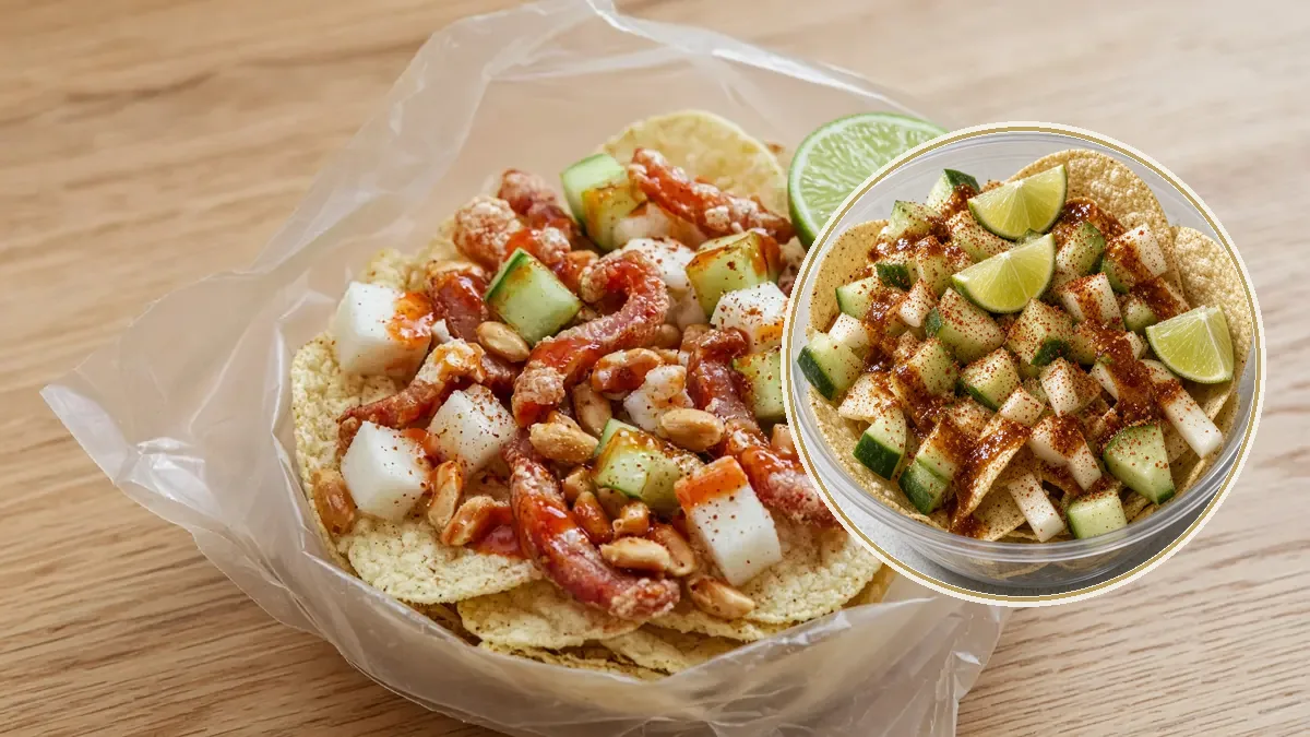 Bolsa de totopos redondos claros con jícama, pepino, cueritos, cacahuate y chamoy sobre madera.