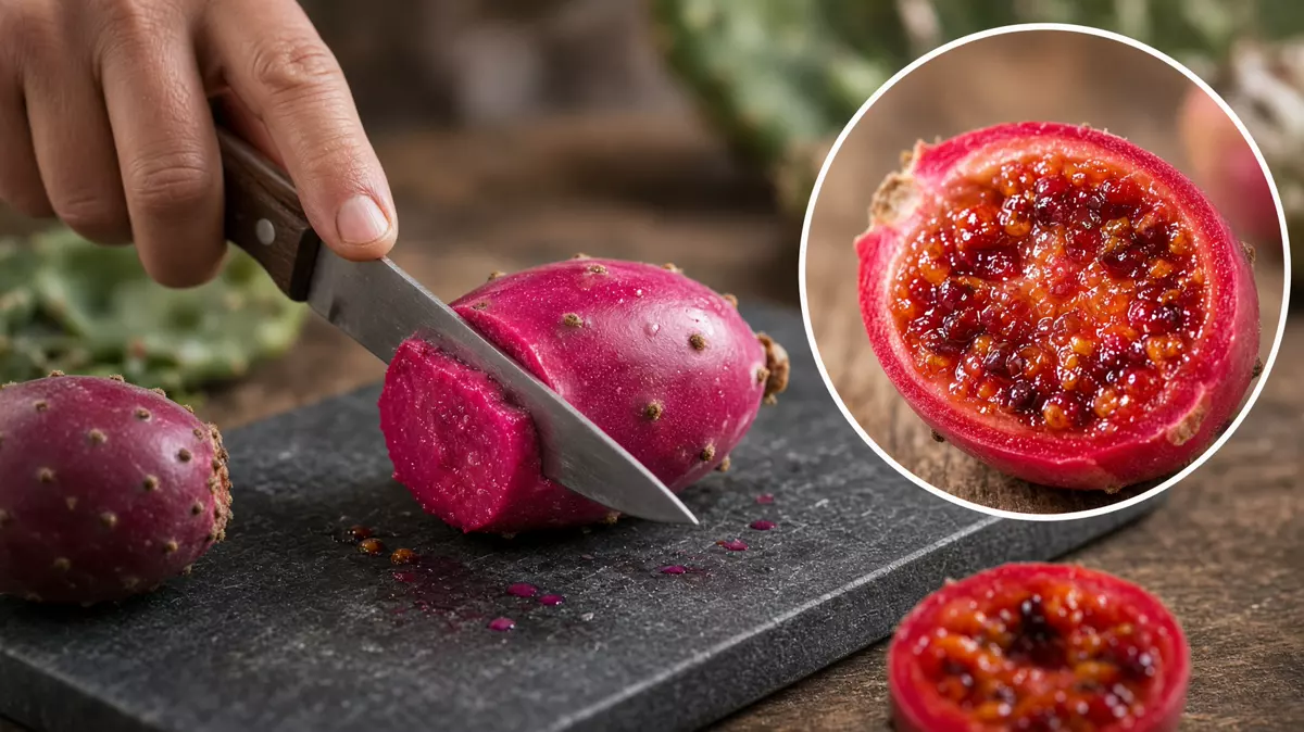 Tunas verdes y rojizas, algunas abiertas, sobre una penca de nopal.