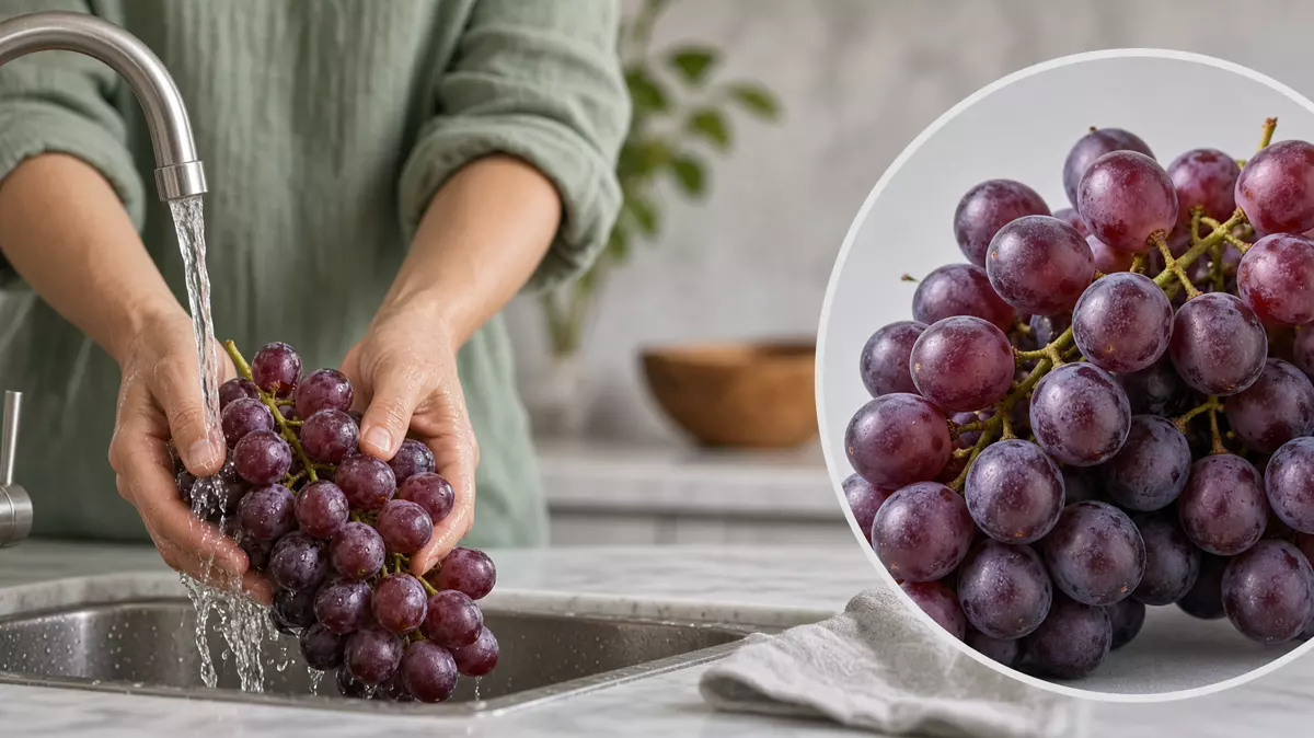 Persona lavando un racimo de uvas. En primer plano, las uvas de cerca.