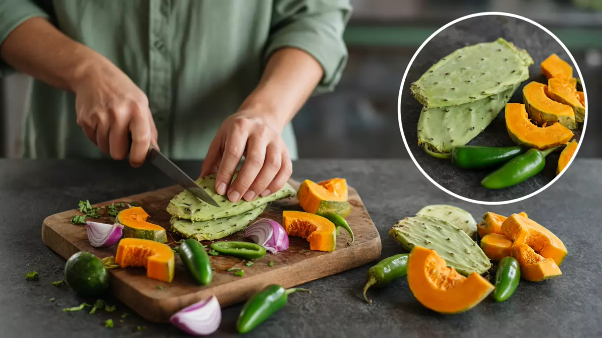 Persona acomodando nopal y calabaza. En primer plano, nopal y calabaza.