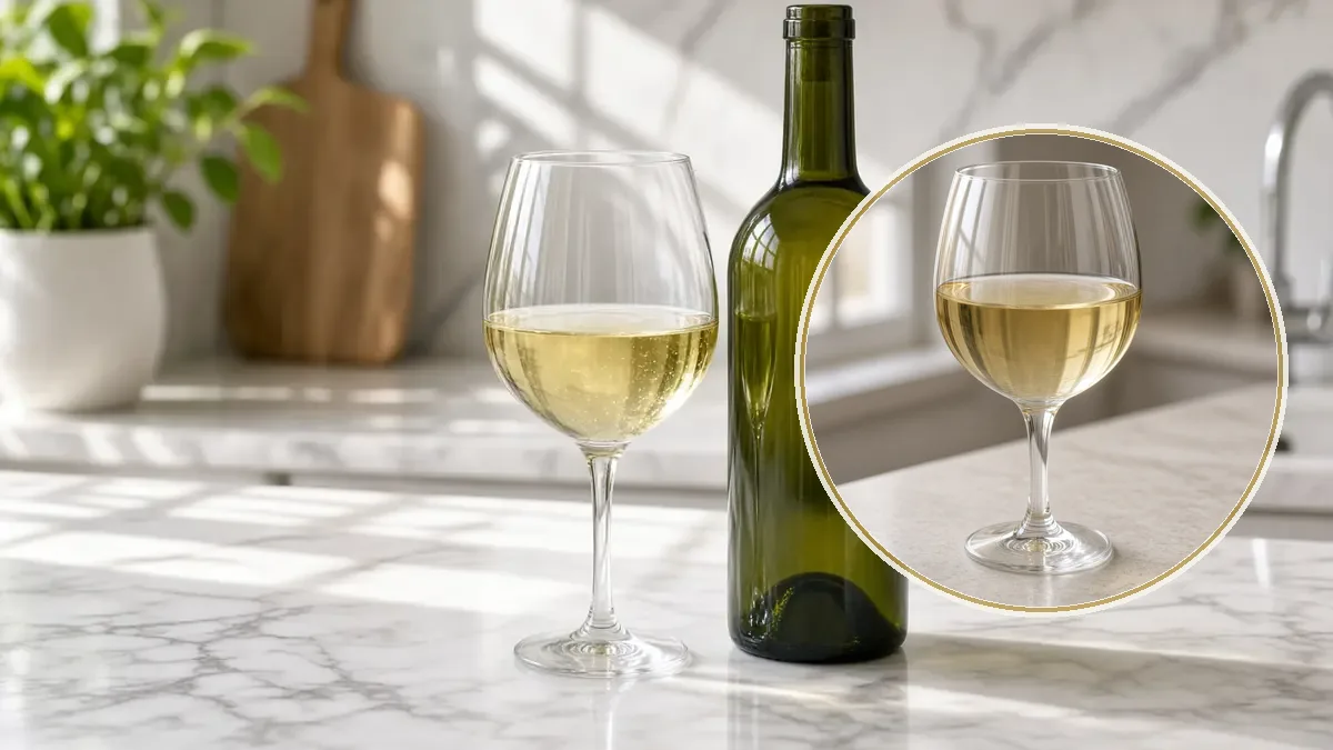 Una copa de vino blanco dorado pálido acompaña una botella verde sin etiqueta sobre mármol blanco iluminado.