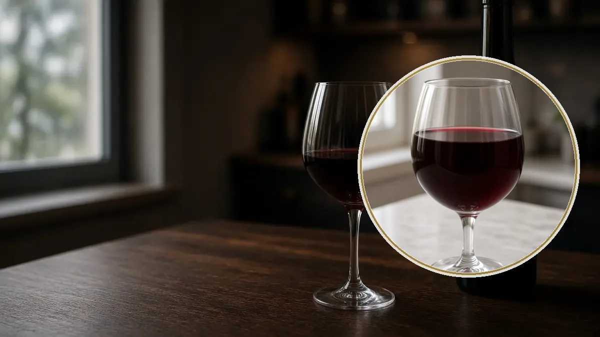 Una copa de vino tinto rubí oscuro descansa junto a una botella oscura sin etiqueta sobre una mesa de nogal.