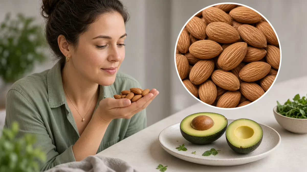 Almendras, semillas de girasol, aguacate y espinaca sobre madera clara