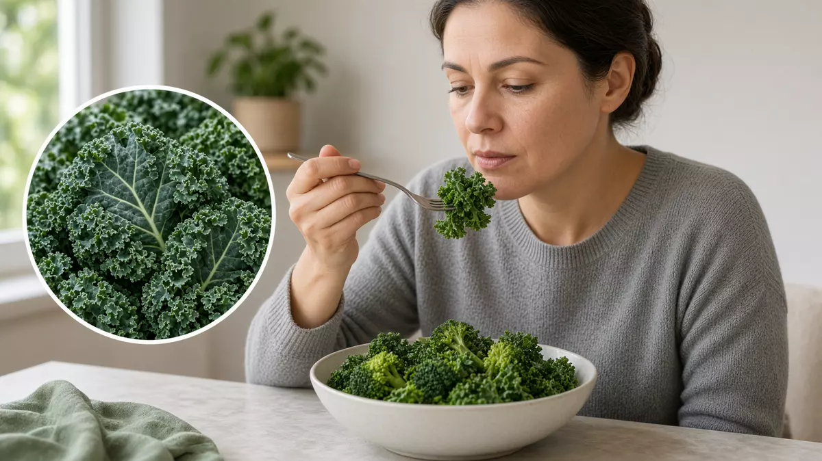 Kale, espinaca y brócoli en plato de cerámica con luz de cocina