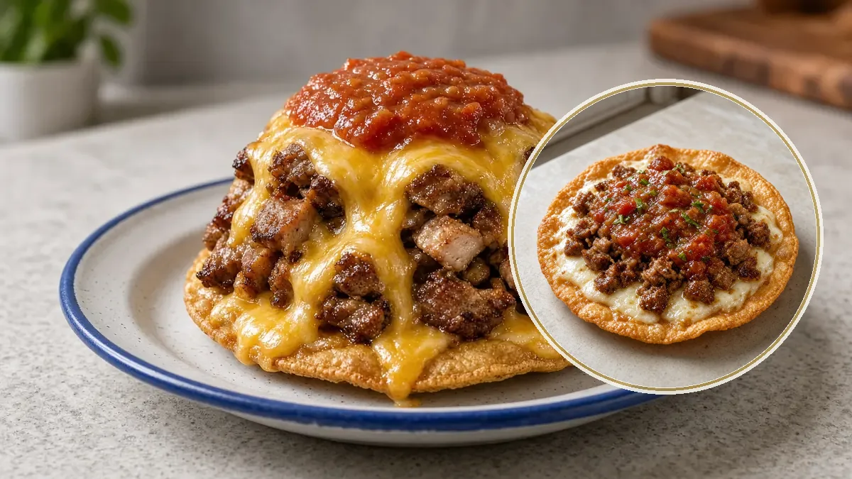 Volcán de tortilla frita con carne, queso fundido y salsa roja en un plato de peltre.