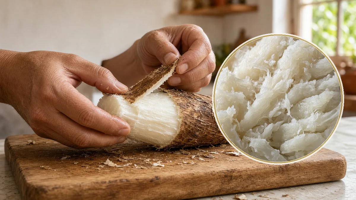Yuca cocida en rodajas sobre una tabla de madera con cilantro